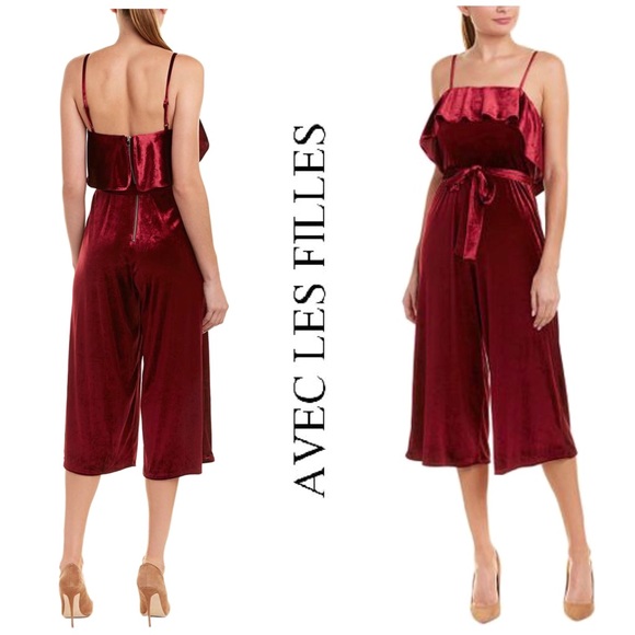 NWT Avec Les Filles Cropped Velvet Ruffled Jumpsuit Wine Red Burgundy - Picture 2 of 8